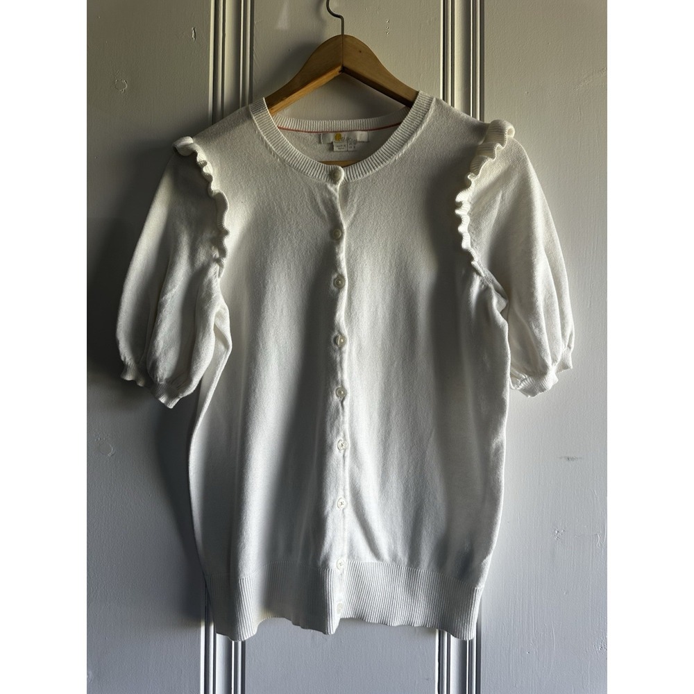 Boden White Cotton Cardigan US 8 Ruffle Shoulder Puff Sleeve Button Front